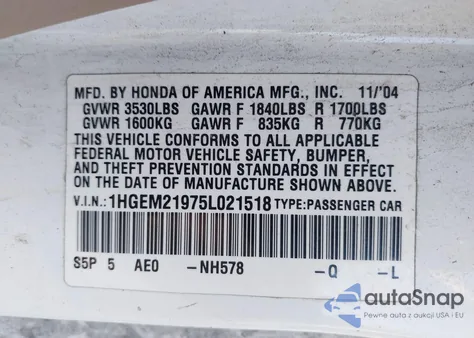 2005 Honda Civic Ex from USA, damaged, VIN 1HGEM21975L021518